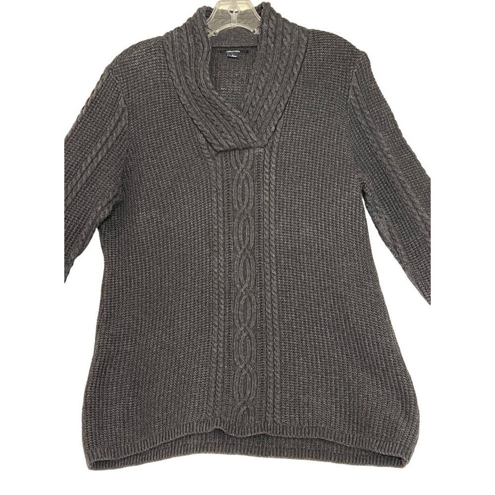 Nautica Charcoal-Grey Cable Knit Sweater Women Size L Long Sleeve Shawl Fisherma